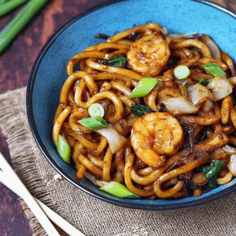 Yaki Udon with Shrimp served in a bowl with vegetables and sauce