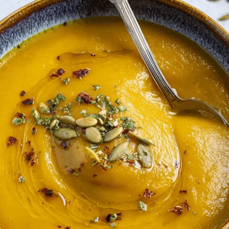 Creamy butternut squash soup in a bowl with garnish