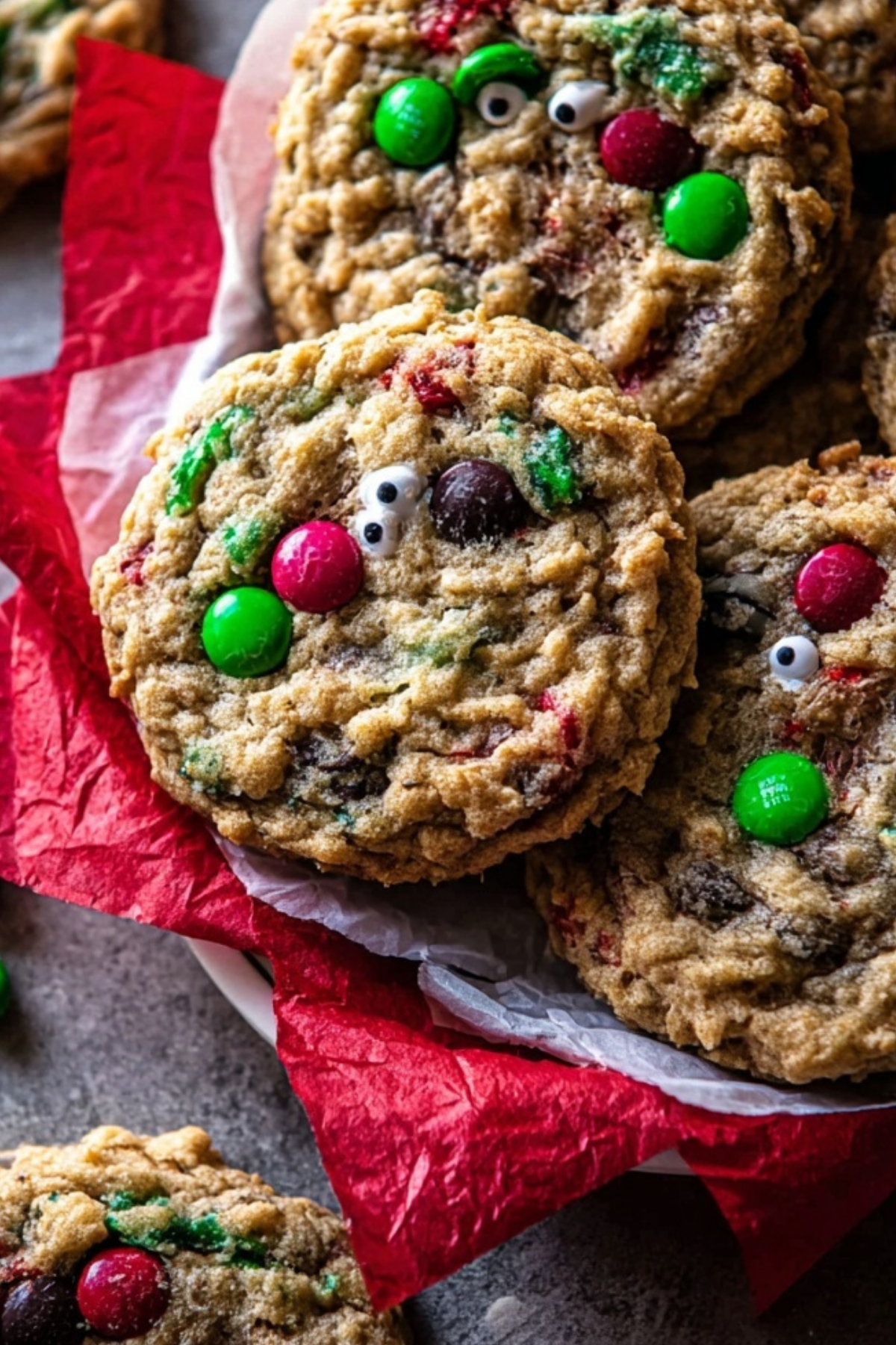 Christmas Monster Cookies fresh from the oven with M&Ms and pretzels