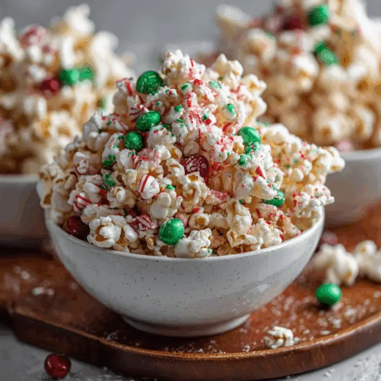Christmas Popcorn Candy with white chocolate, M&Ms, and crushed candy canes