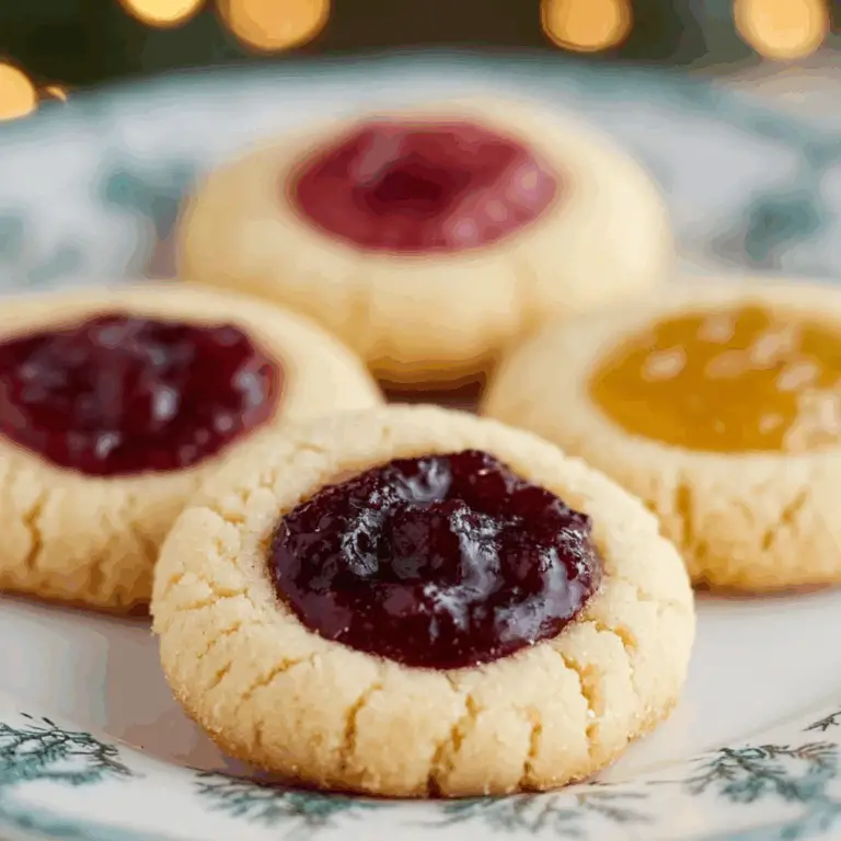 Christmas Thumbprint Cookies with jam center on a festive platter