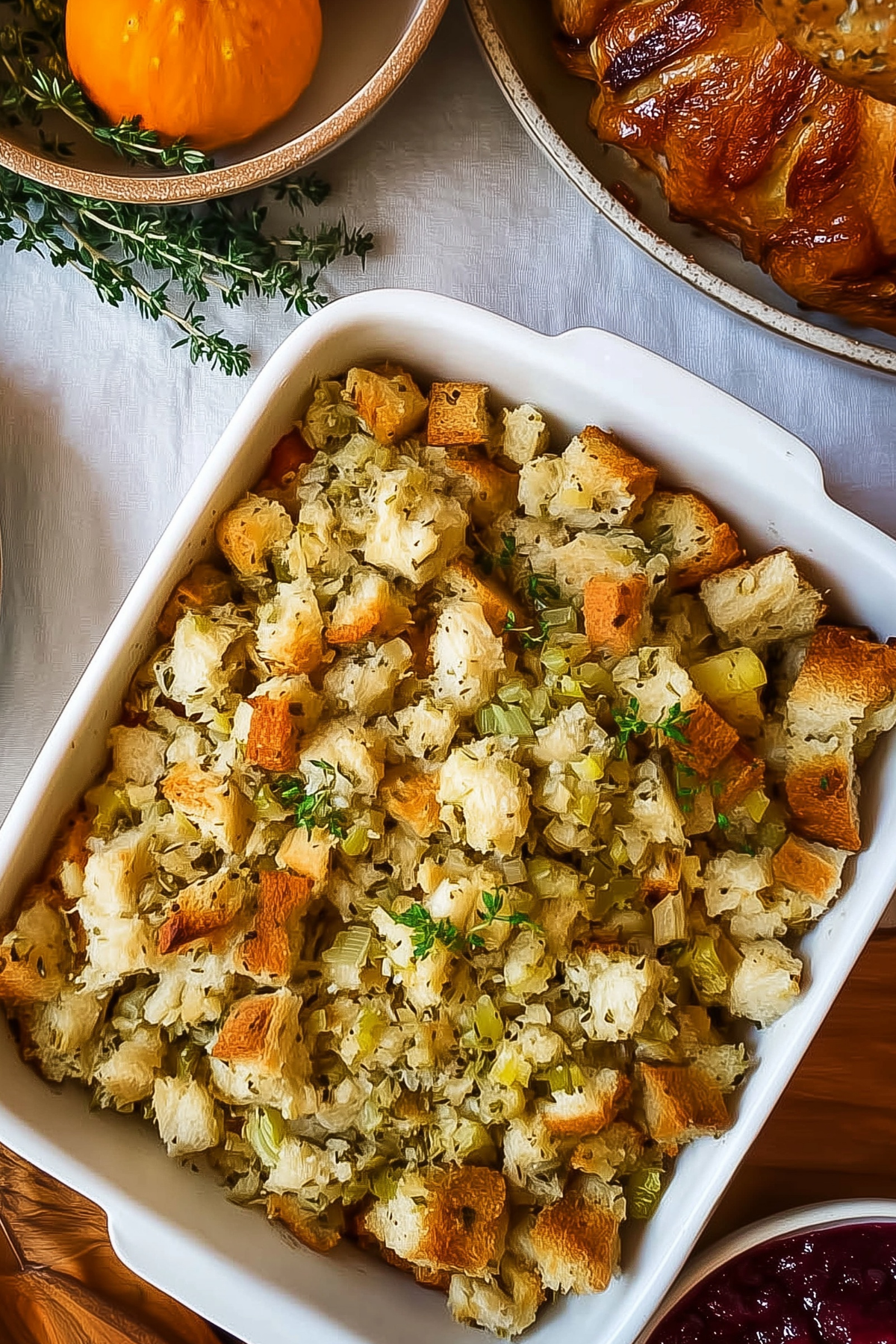 Classic Butter Herb Stuffing served in a dish with fresh herbs
