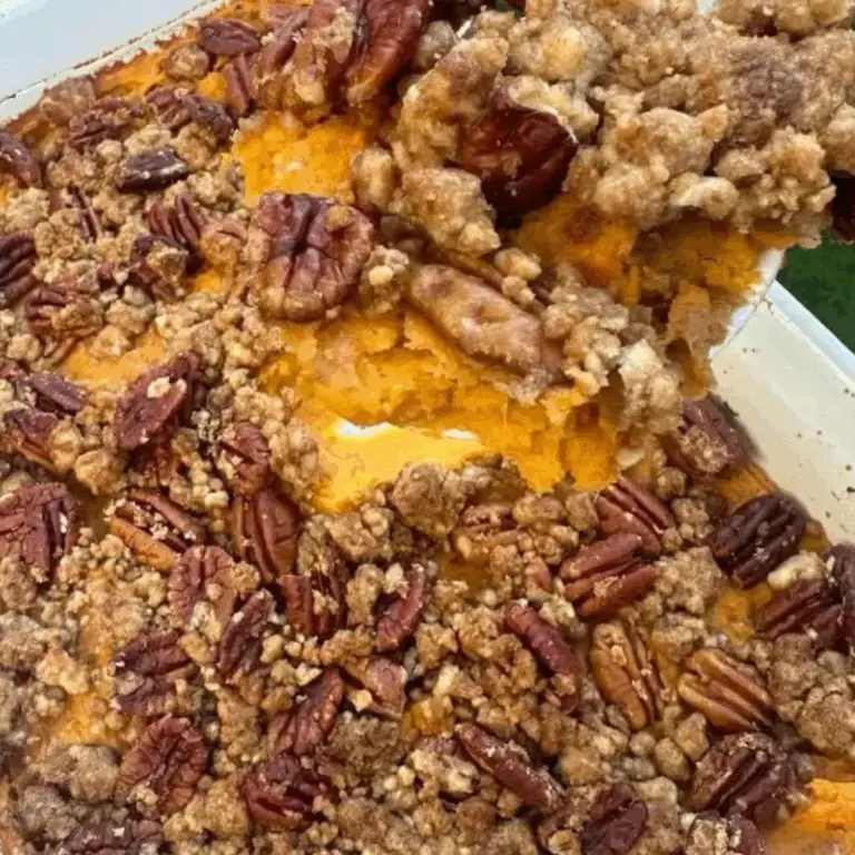 classic sweet potato casserole with pecan topping