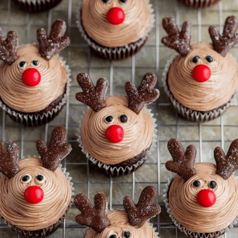 Reindeer cupcakes decorated with chocolate antlers and red icing nose