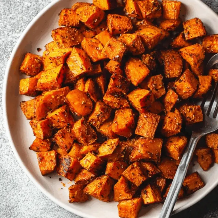 crispy roasted sweet potatoes in a baking dish