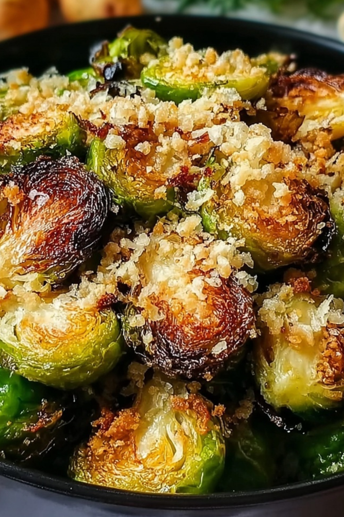 Crusted Roasted Brussels Sprouts with crispy Parmesan topping