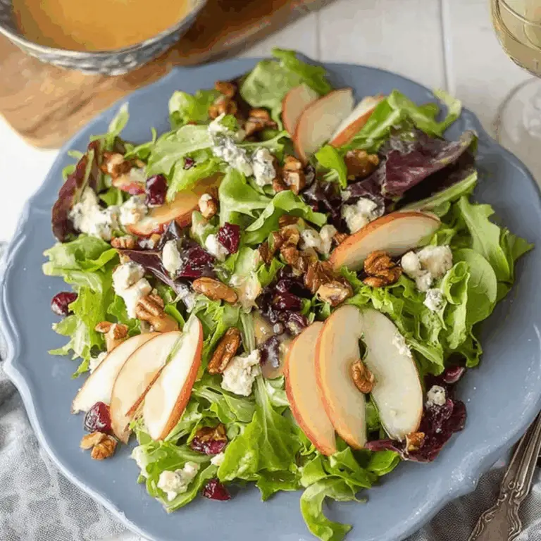 Fall Salad with Maple Vinaigrette featuring apples, blue cheese, and candied nuts