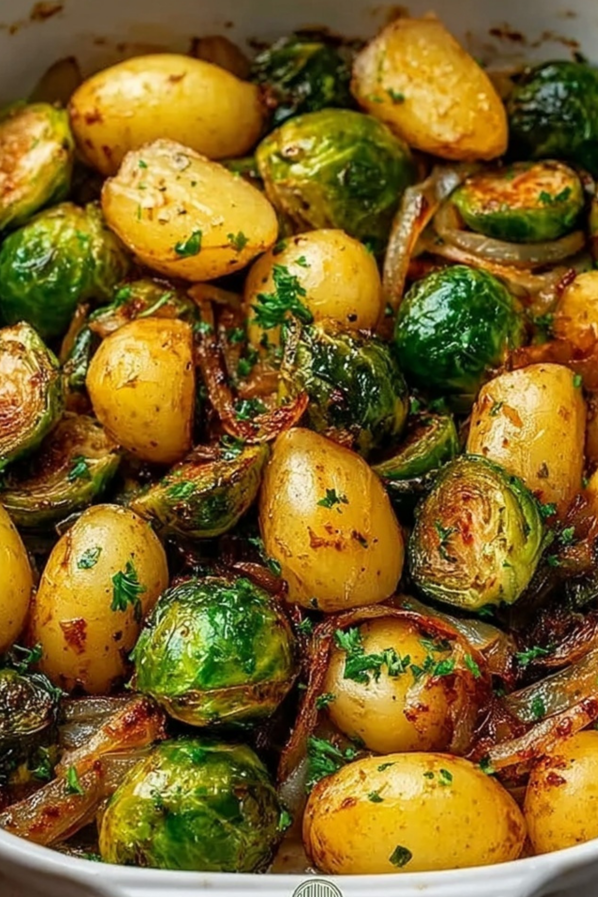 Garlic Brussels Sprouts Potatoes dish with crispy potatoes and caramelized Brussels sprouts