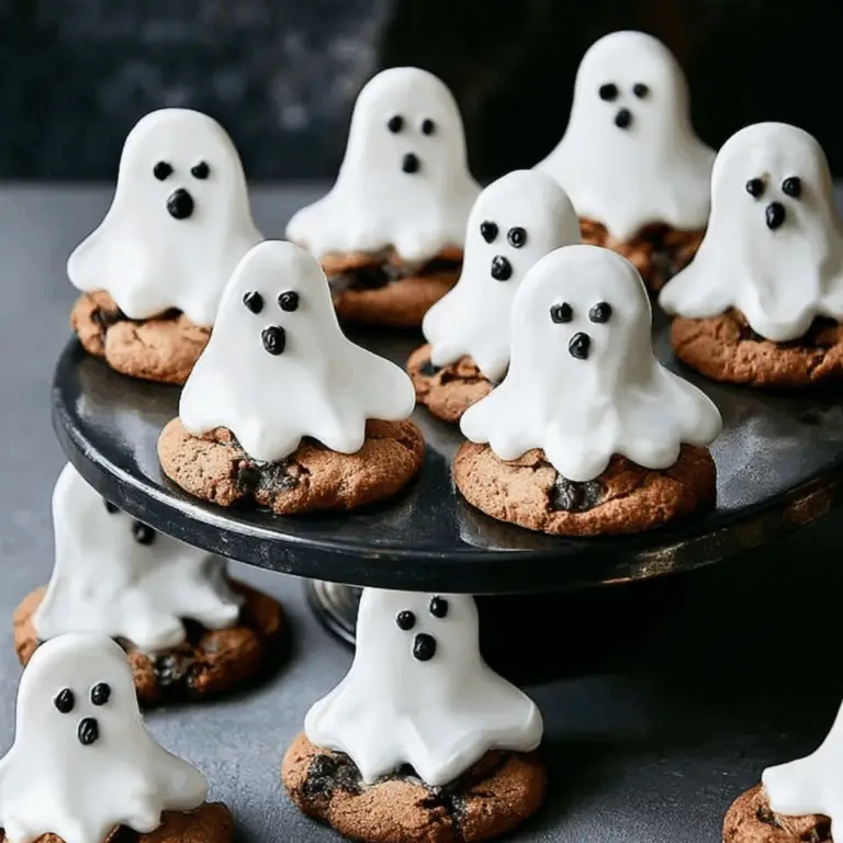 Ghost Cookies decorated with marshmallows and black icing for Halloween