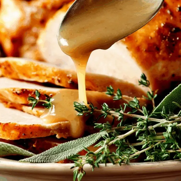 Homemade turkey gravy from drippings poured over mashed potatoes