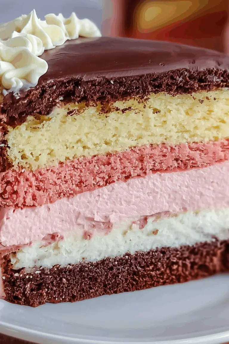 Indulge in decadent Neapolitan cake with chocolate, vanilla, and strawberry layers