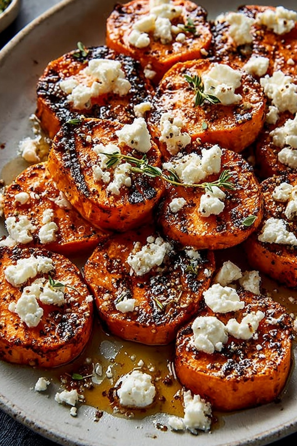 Honey Feta Sweet Potato Rounds with feta and honey glaze