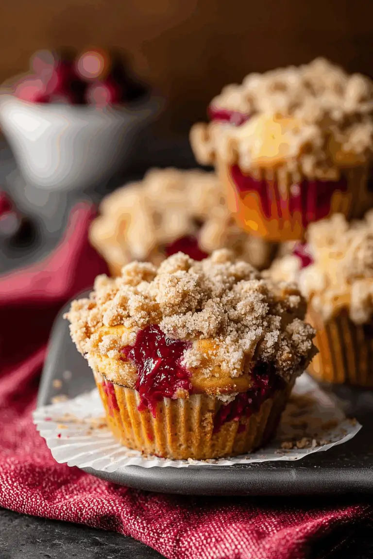 Leftover Cranberry Sauce Coffee Cake Muffins topped with crumb topping