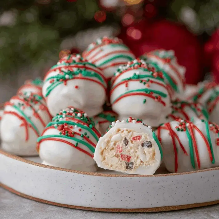 Little Debbie Christmas Tree Cake Truffles coated in white chocolate and decorated with festive sprinkles