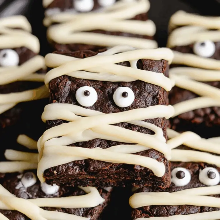 Mummy Brownies decorated with white chocolate drizzle and candy eyeballs
