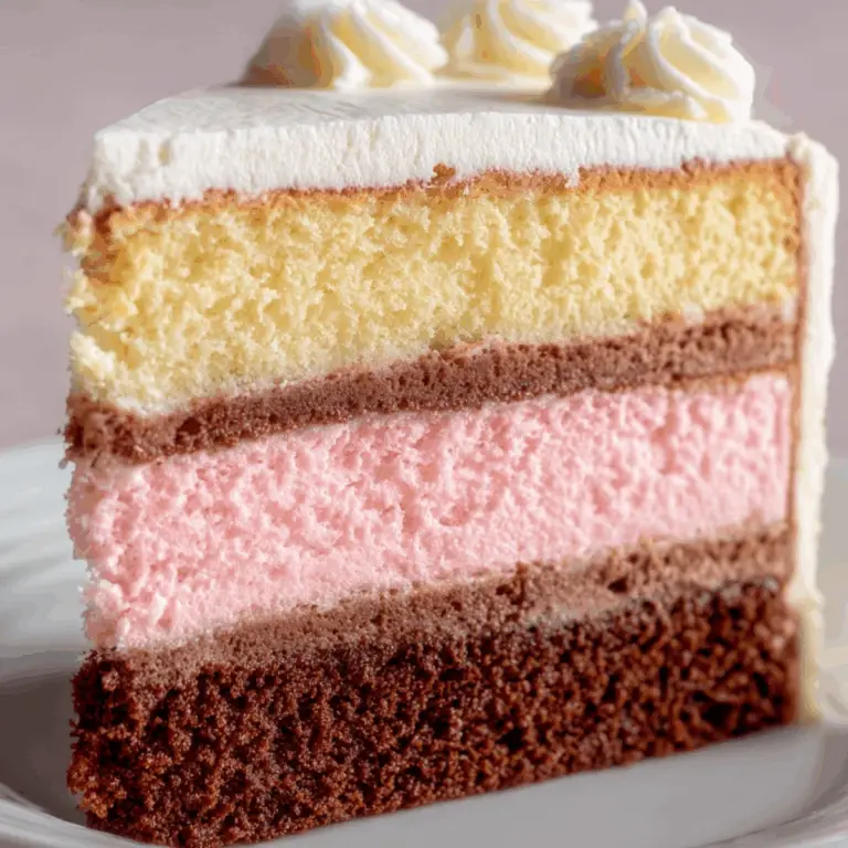 Neapolitan Layer Cake with chocolate, vanilla, and strawberry layers