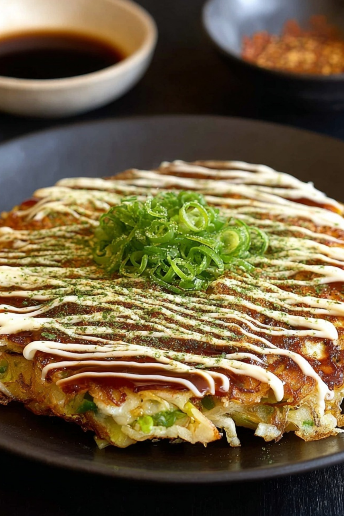 Okonomiyaki savory pancakes recipe with bacon and okonomiyaki sauce