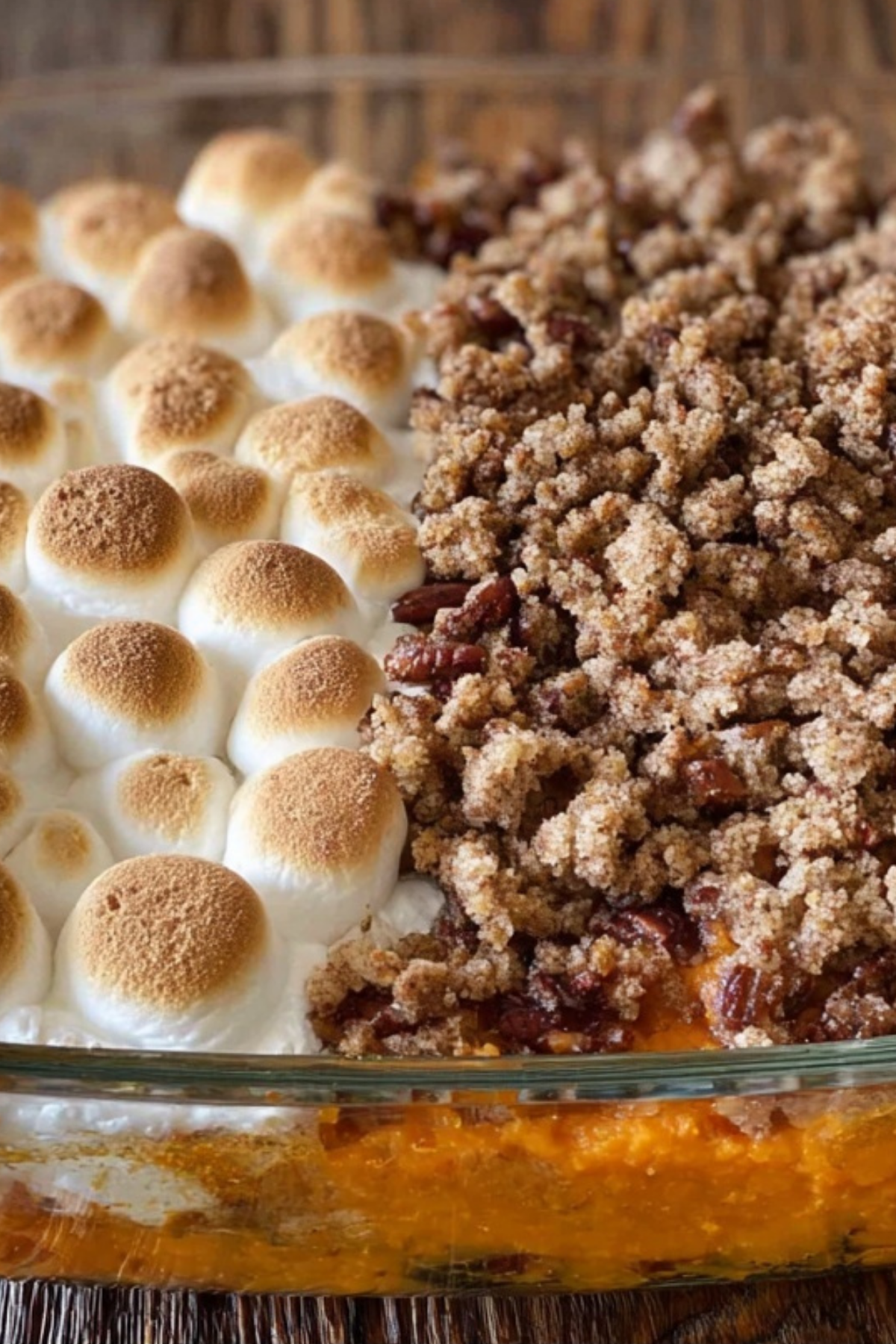 Old-Fashioned Sweet Potato Casserole with pecans and marshmallows