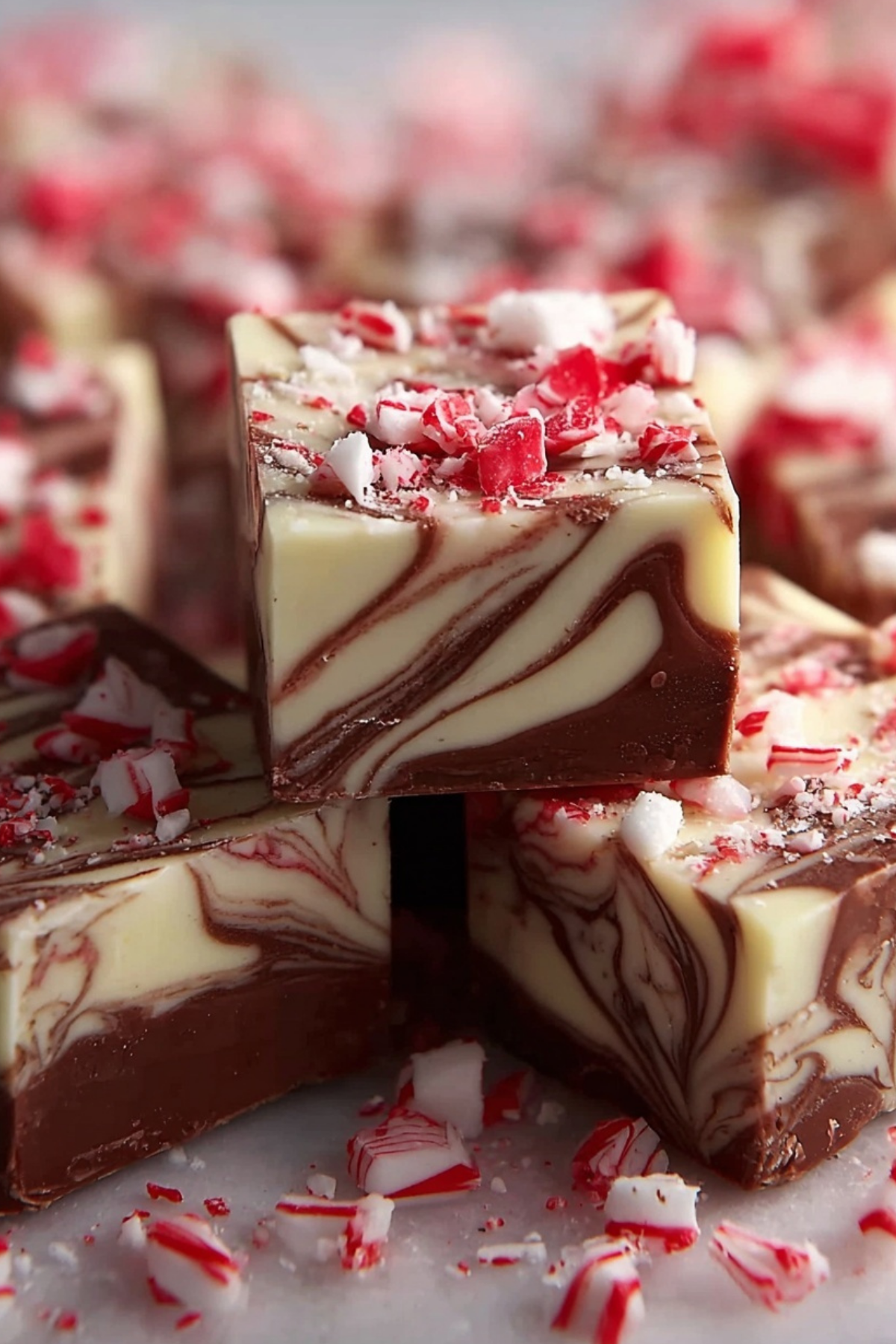 Peppermint Swirl Fudge on a plate with a festive background