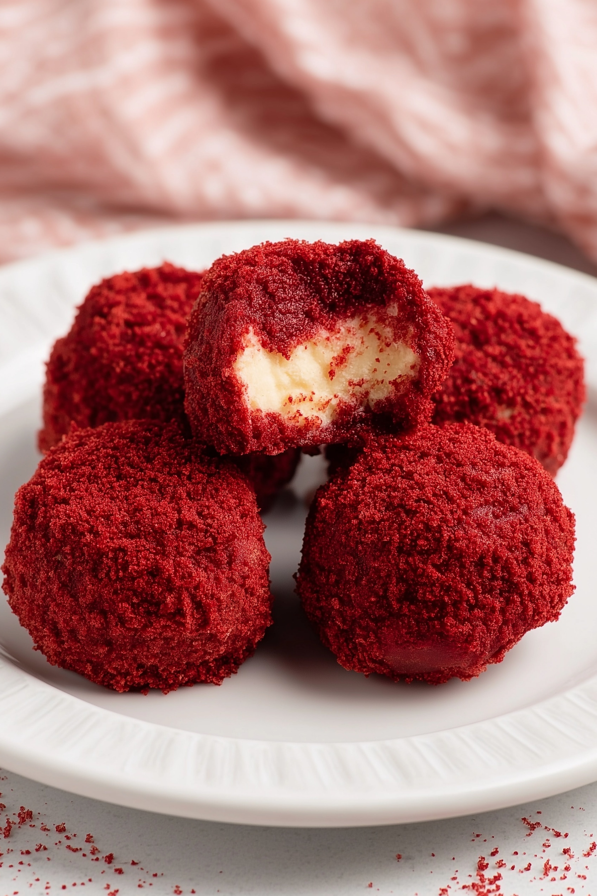 Red Velvet Cheesecake Bites on a plate