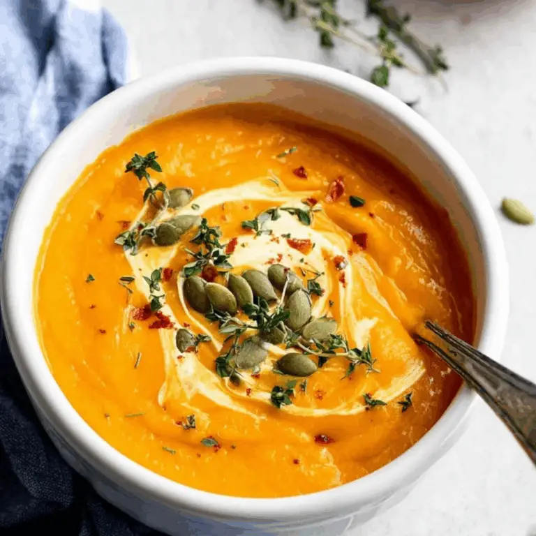 Roasted Butternut Squash and Carrot Soup in a bowl with coconut milk drizzle