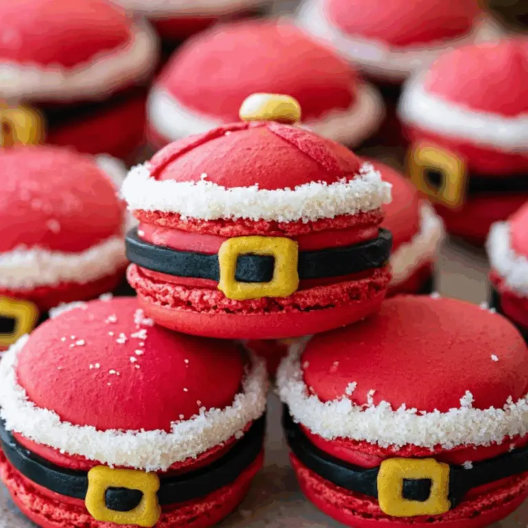 Santa Claus Macarons with royal icing decoration and sugar cookie buttercream