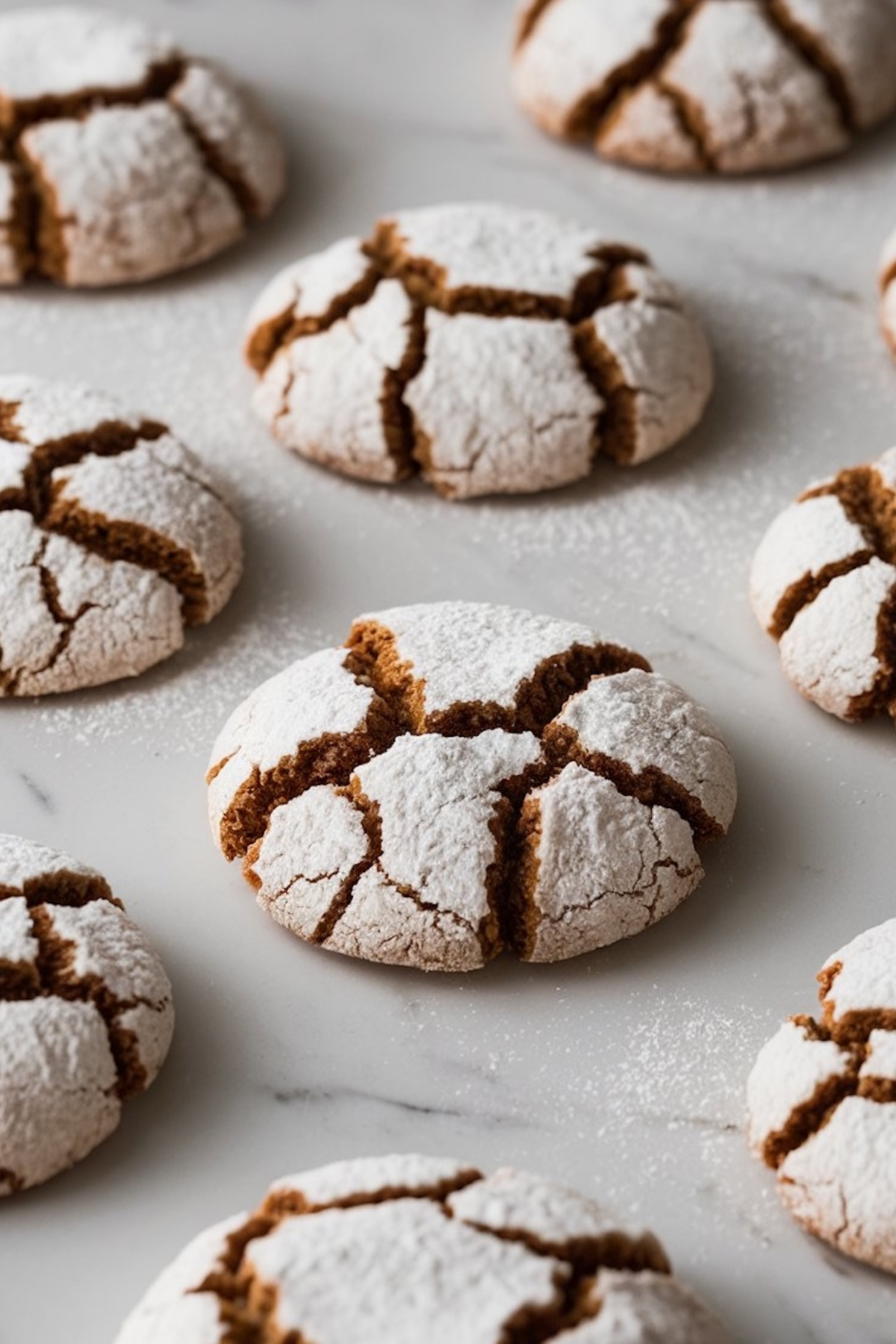Soft and Spiced Gingerbread Crinkle Cookies with powdered sugar coating