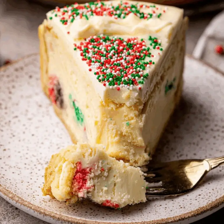 Sugar Cookie Cheesecake with white chocolate ganache and festive sprinkles