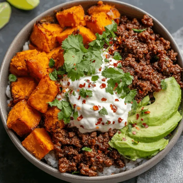 Sweet Potato Taco Bowl with ground beef, pico de gallo, and guacamole