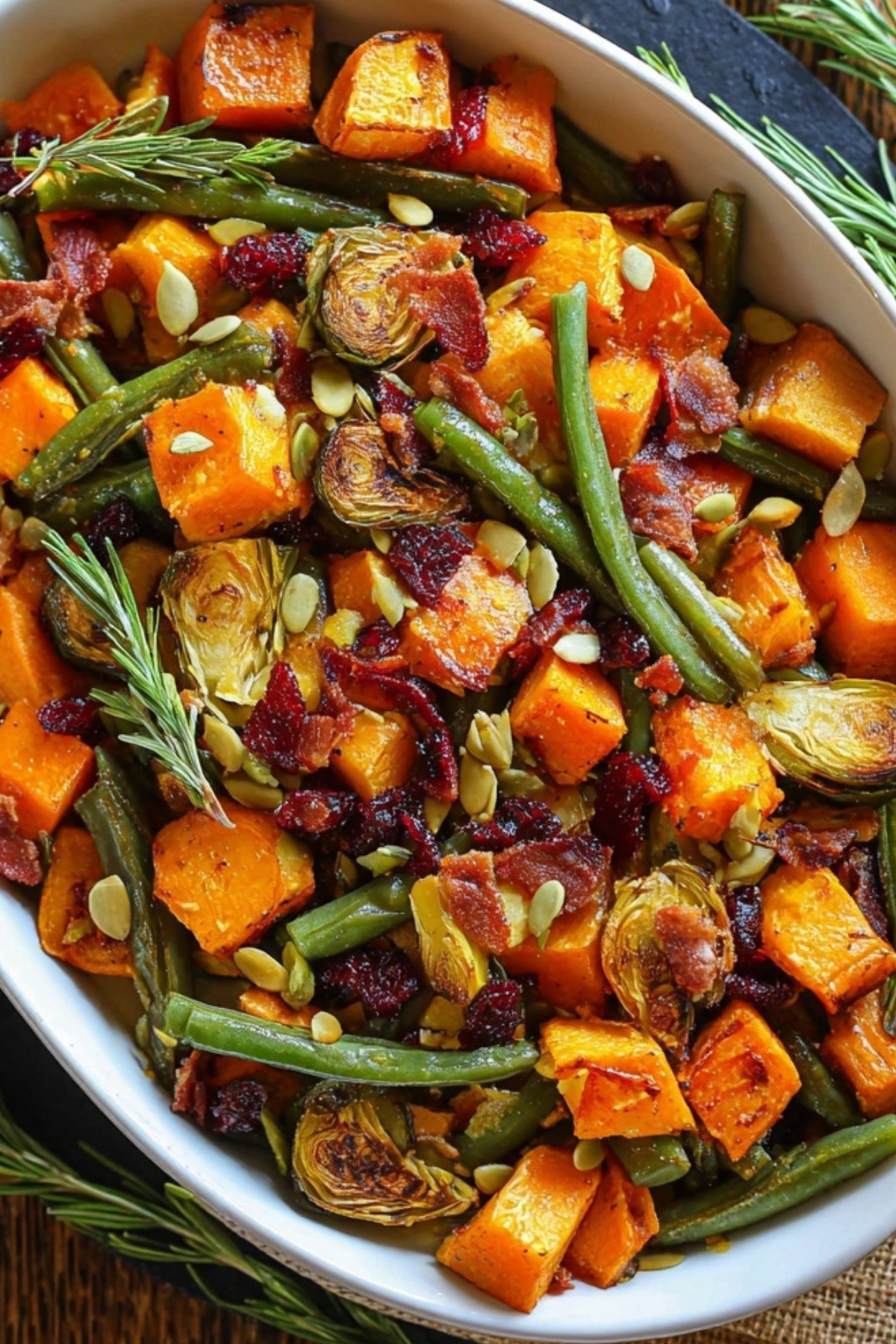 Thanksgiving roasted veggies with green beans, butternut squash, bacon, and pumpkin seeds