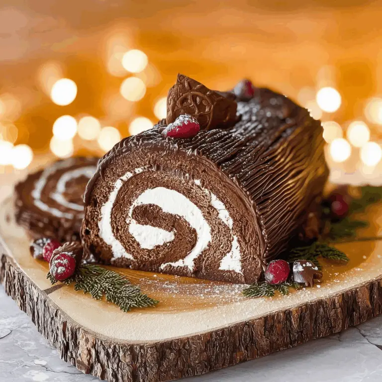 Yule Log Cake with chocolate ganache and holiday decorations
