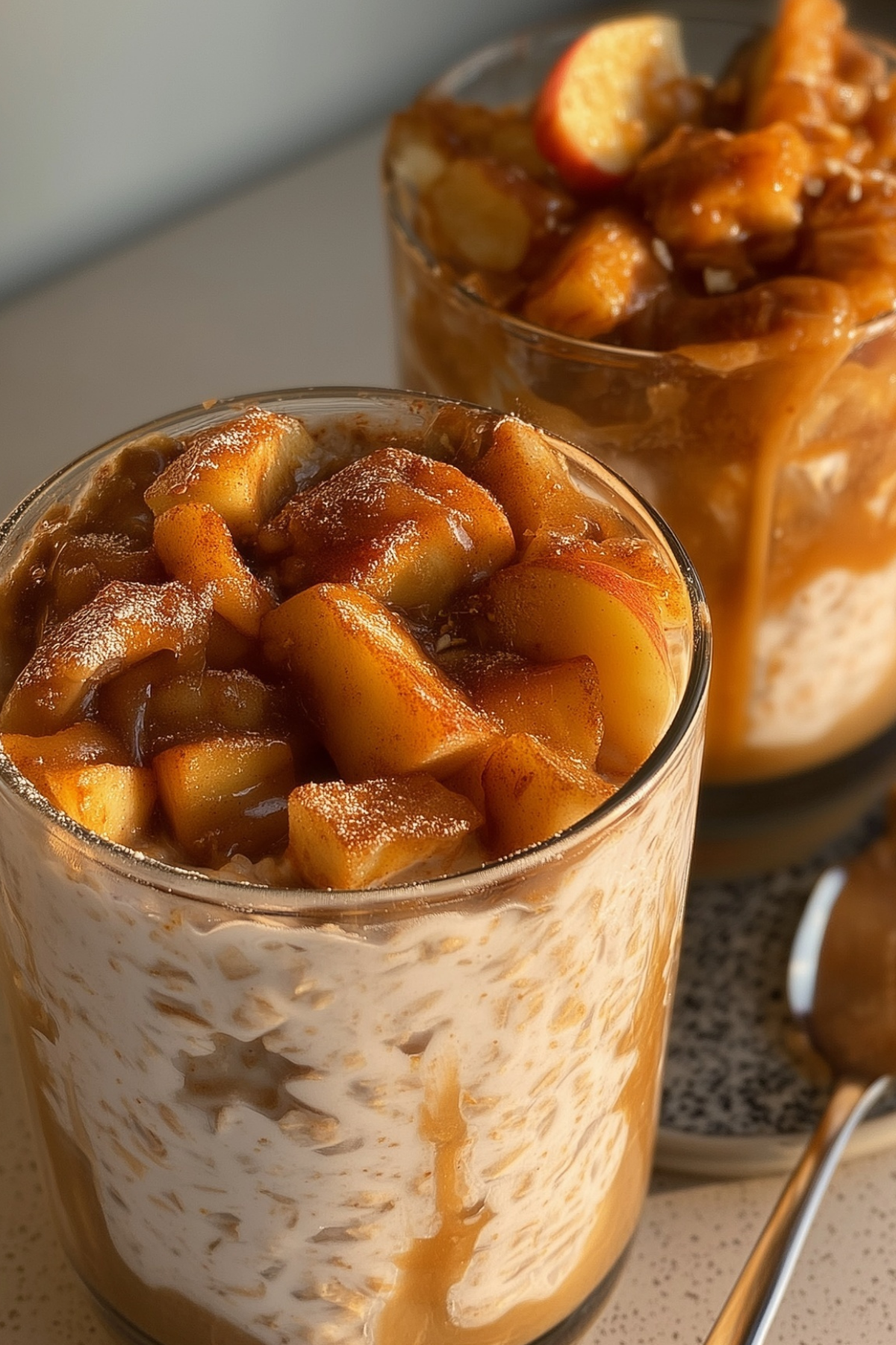 Apple Pie Overnight Oats topped with fresh apples and cinnamon