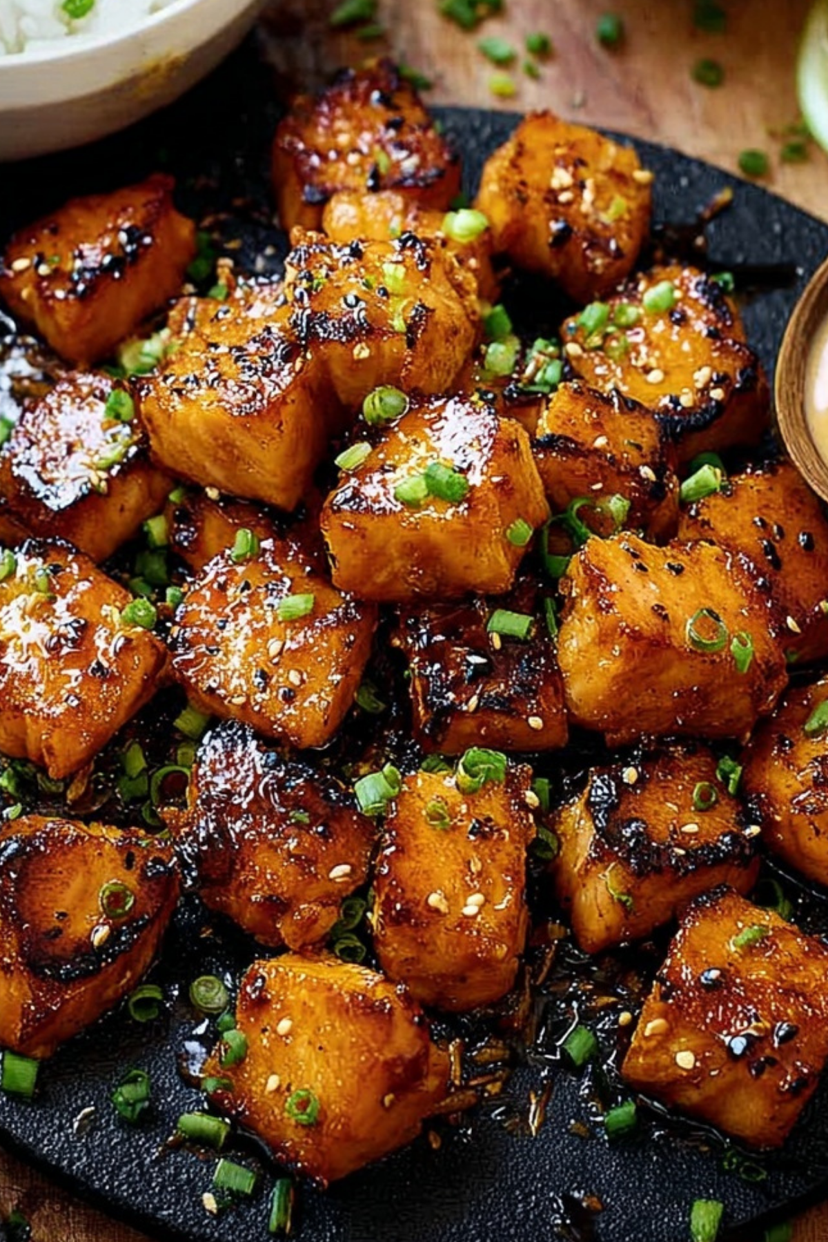 Air Fryer Bang Bang Salmon Bites with sweet and spicy sauce