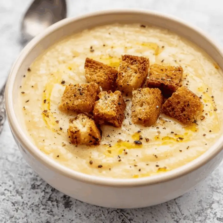 creamy roasted garlic potato soup with crispy bread croutons