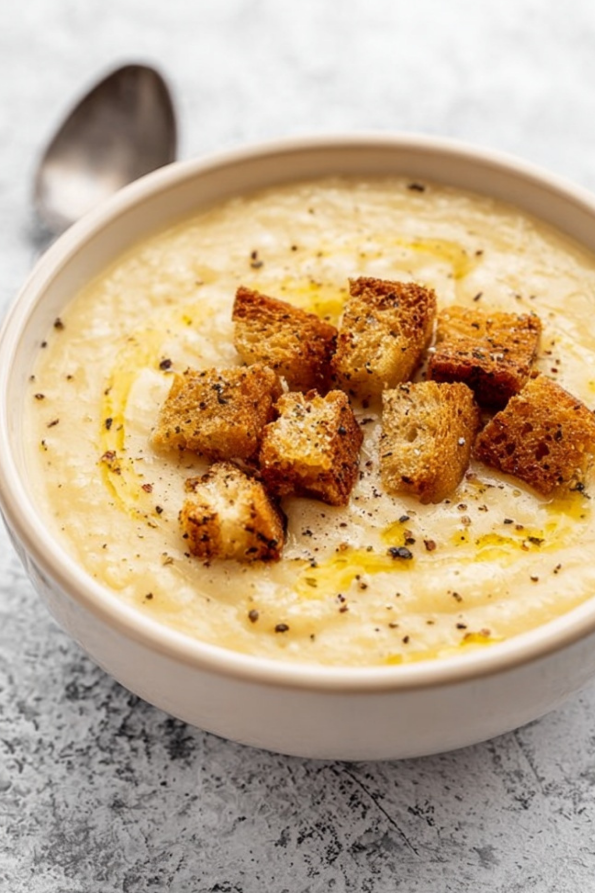 creamy roasted garlic potato soup with crispy bread croutons