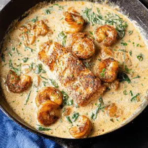 Cajun Salmon and Shrimp in creamy spinach cheese sauce