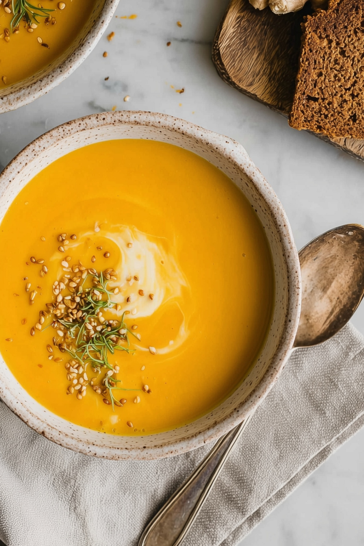 Creamy carrot ginger soup in a bowl with coconut milk swirl