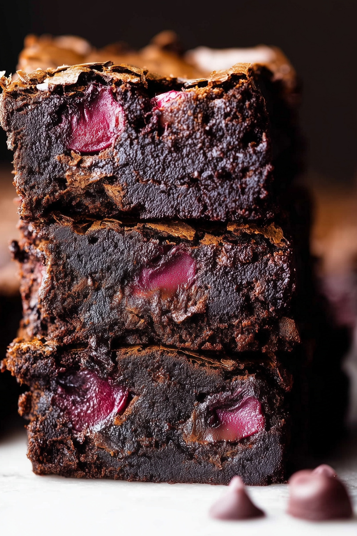 Chocolate Cherry Brownies with gooey centers and a crackly top