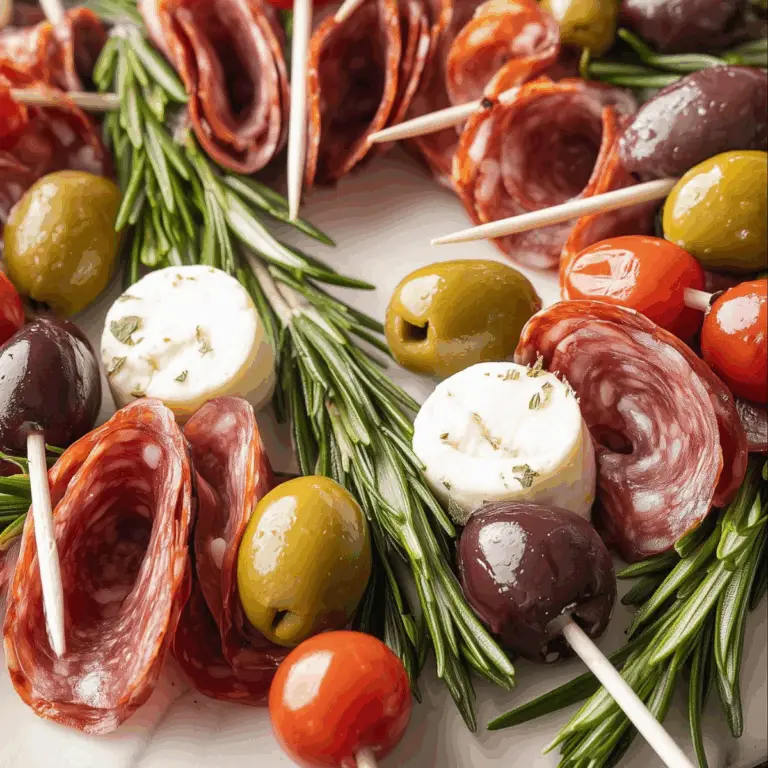 Christmas Antipasto Wreath with grape tomatoes, mozzarella, olives, and salami