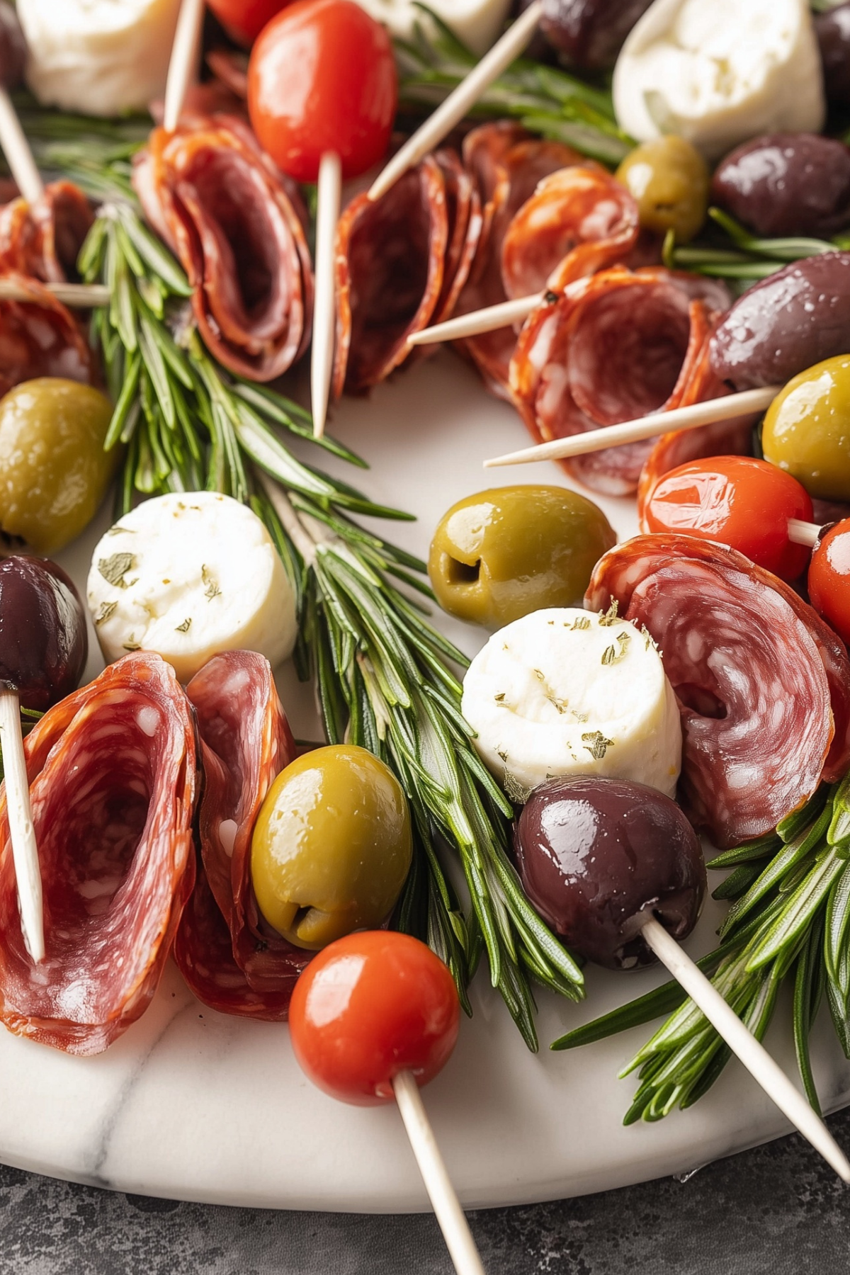 Christmas Antipasto Wreath with grape tomatoes, mozzarella, olives, and salami
