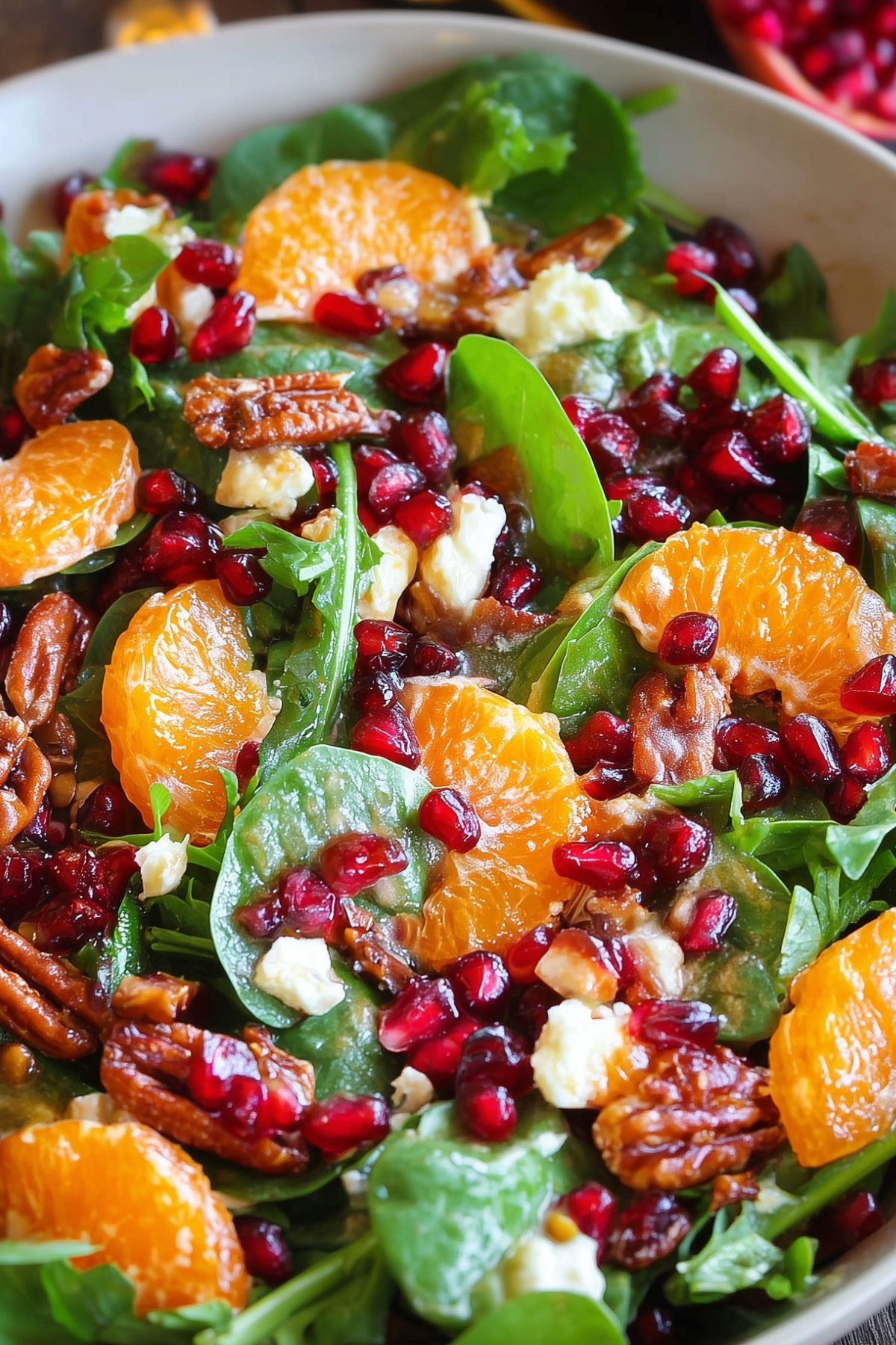 Christmas Salad with spinach, pecans, cranberries, mandarin oranges, and pomegranate seeds
