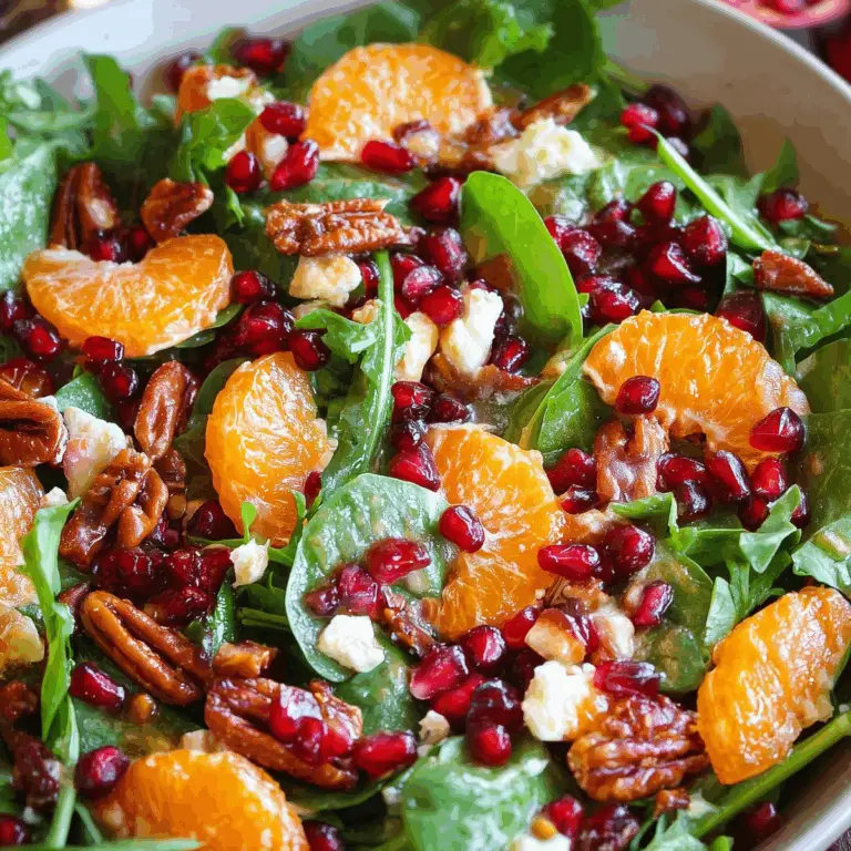 Christmas Salad with spinach, pecans, cranberries, mandarin oranges, and pomegranate seeds