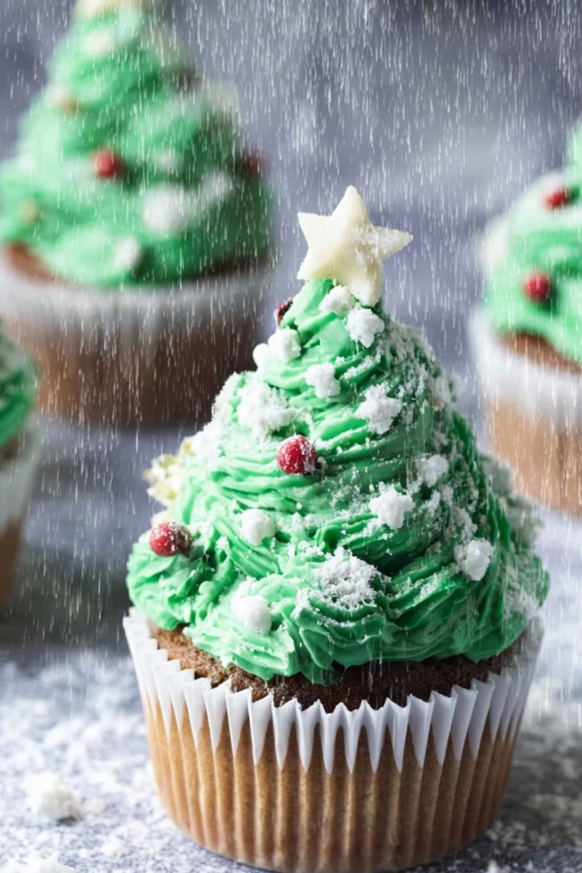 Christmas Tree Cupcakes with green frosting and golden star on top