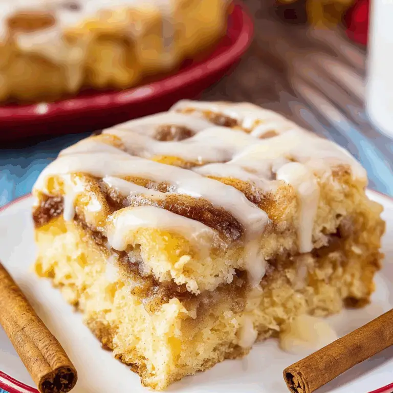 Cinnamon Roll Cake topped with glaze and cinnamon swirls