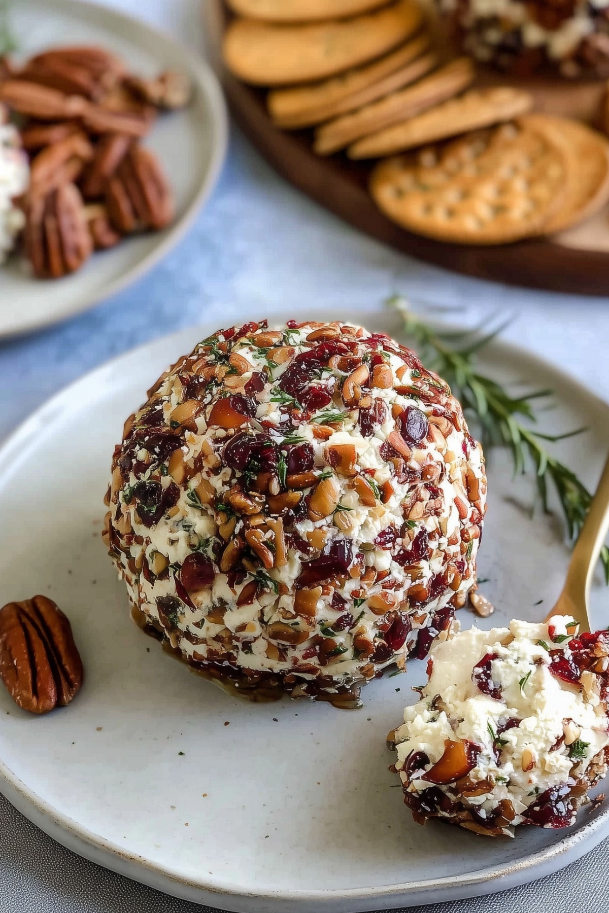 Cranberry Pecan Goat Cheese Ball served with crackers and vegetables