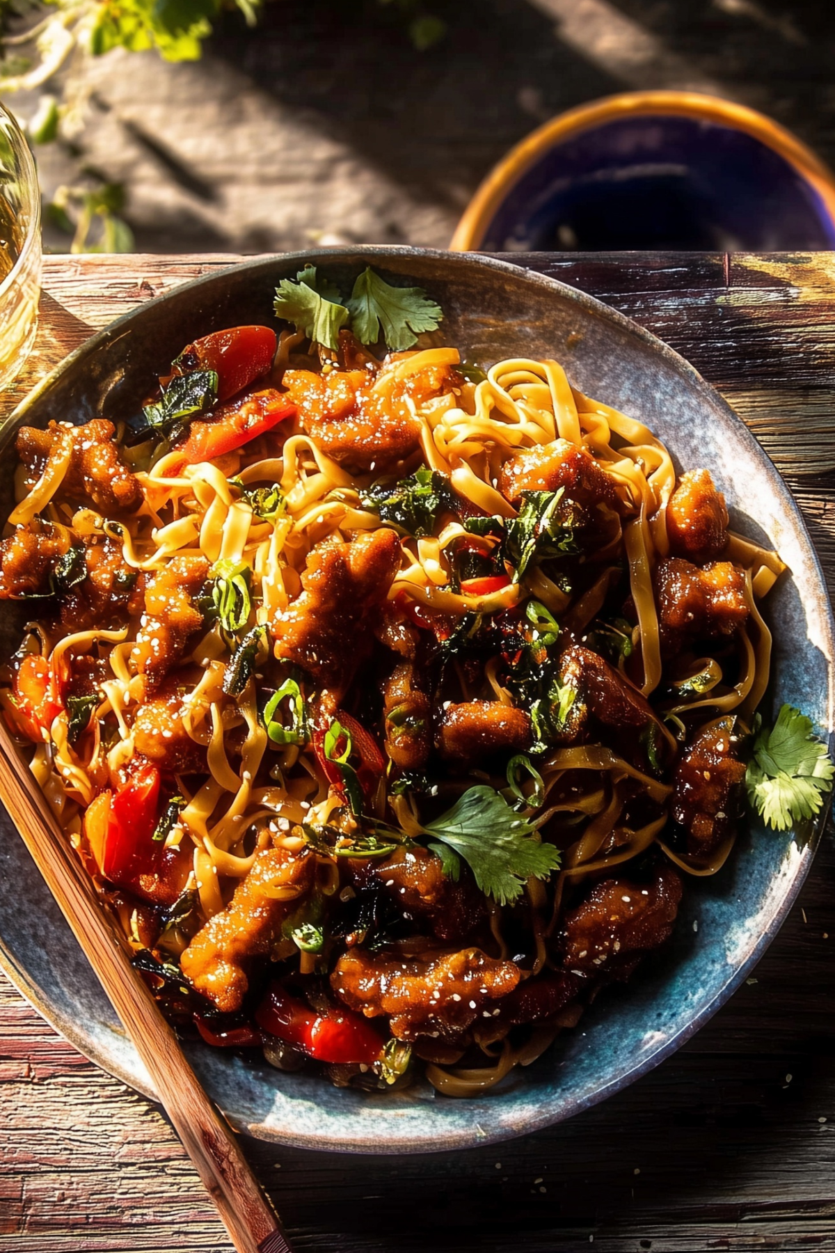 crispy garlic chicken noodles with Thai chili sauce and basil