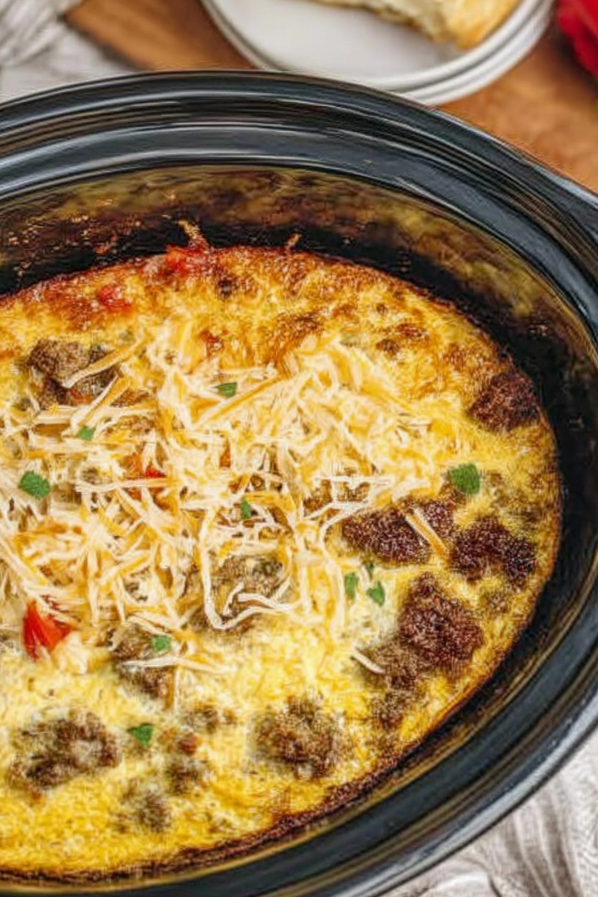 Crockpot Breakfast Casserole with sausage, eggs, and cheese