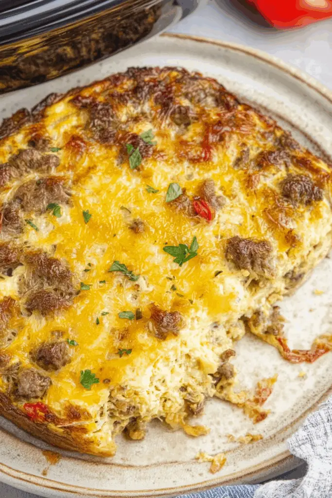 Crockpot Breakfast Casserole with sausage, eggs, and cheese