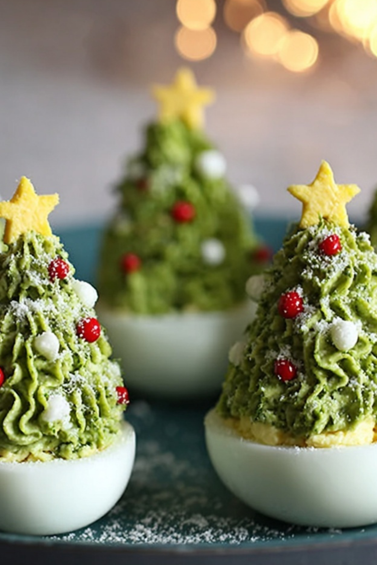 Deviled Egg Christmas Trees – Festive appetizer with green filling and parmesan snow