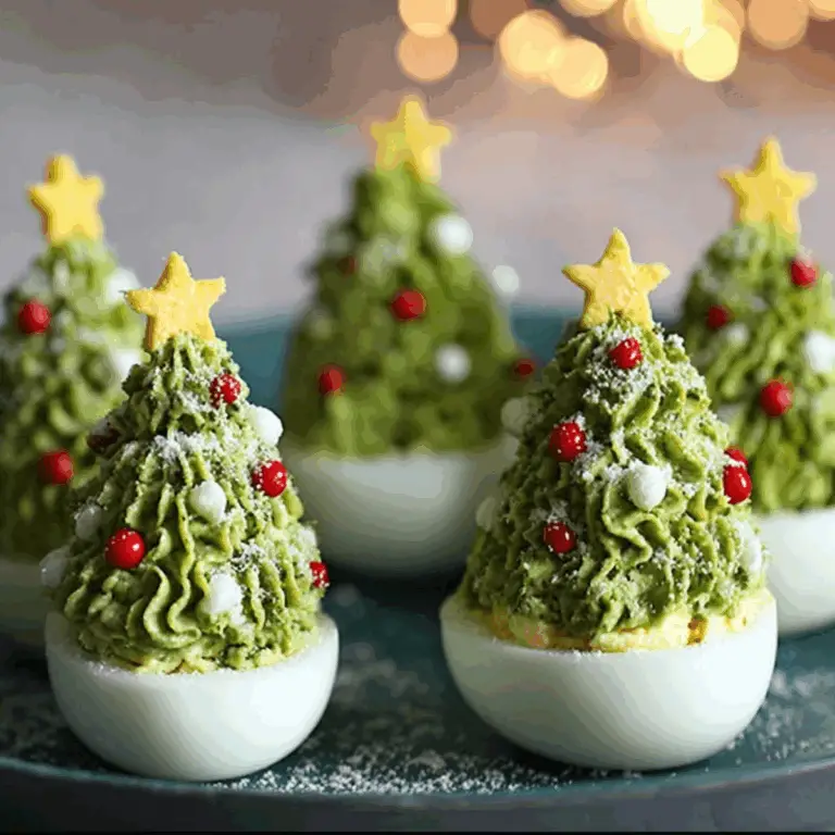 Deviled Egg Christmas Trees – Festive appetizer with green filling and parmesan snow